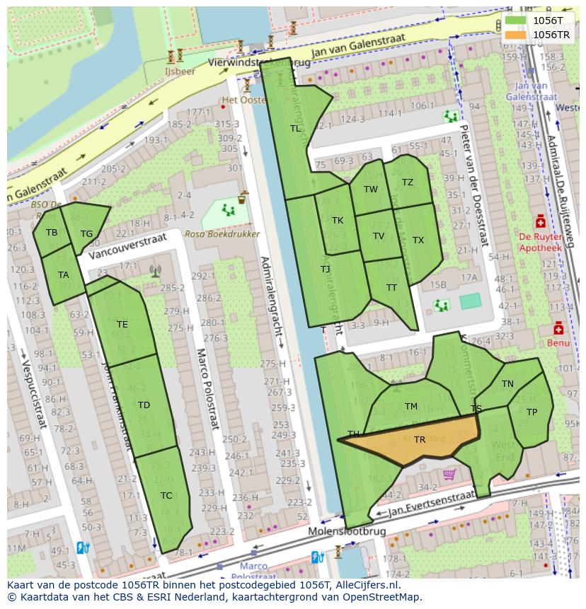 Afbeelding van het postcodegebied 1056 TR op de kaart.