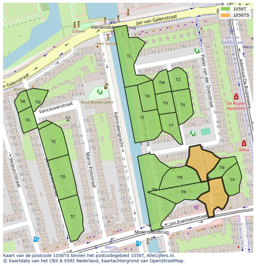 Afbeelding van het postcodegebied 1056 TS op de kaart.