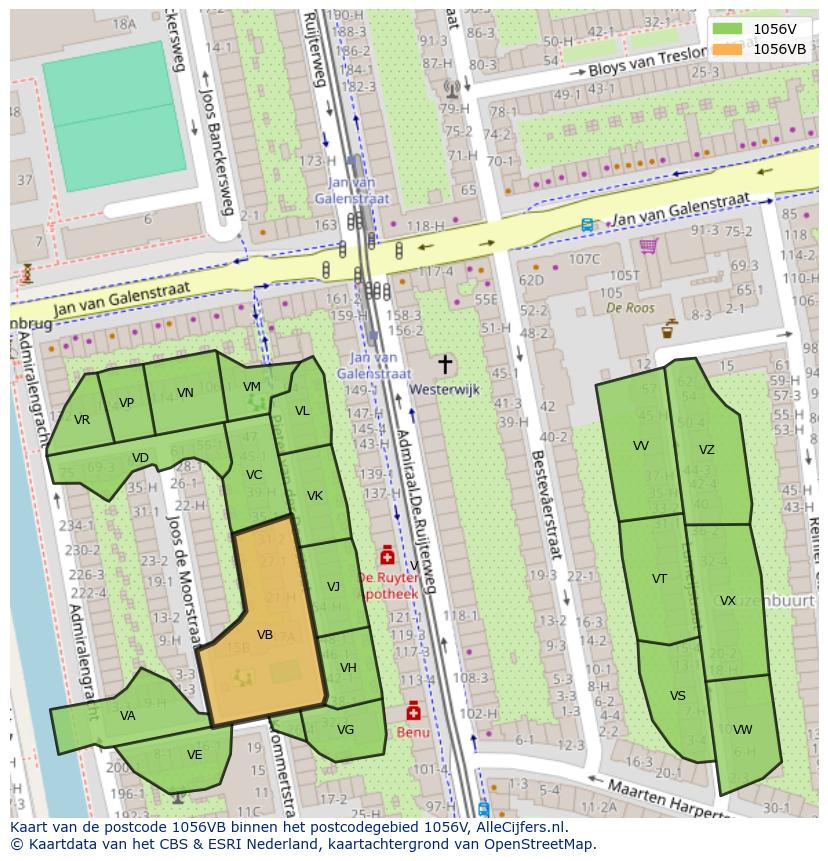 Afbeelding van het postcodegebied 1056 VB op de kaart.
