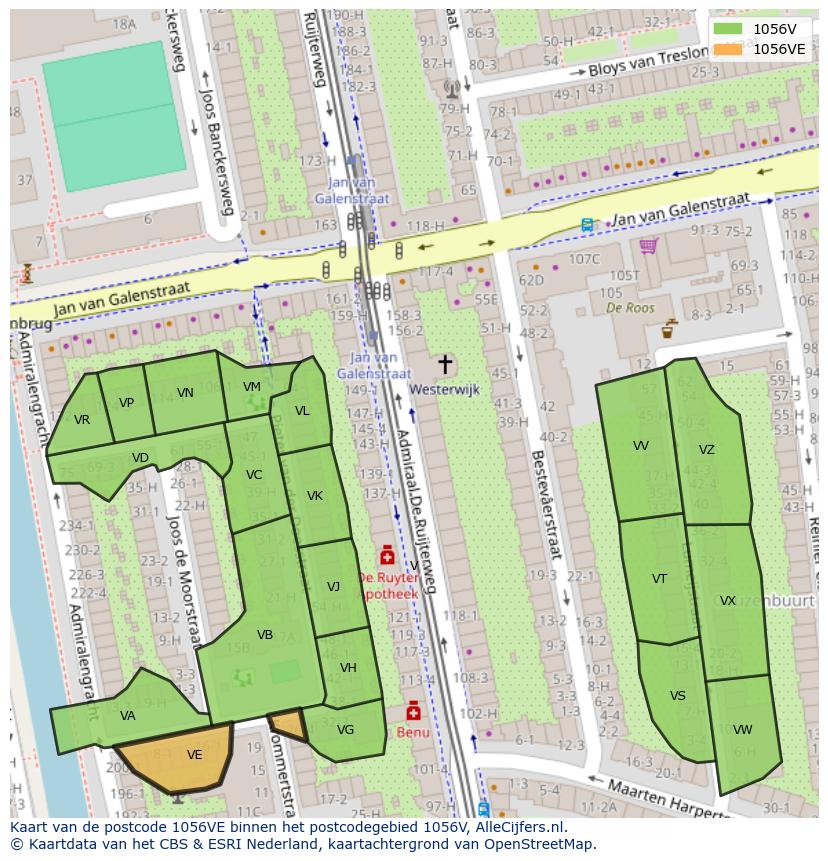 Afbeelding van het postcodegebied 1056 VE op de kaart.