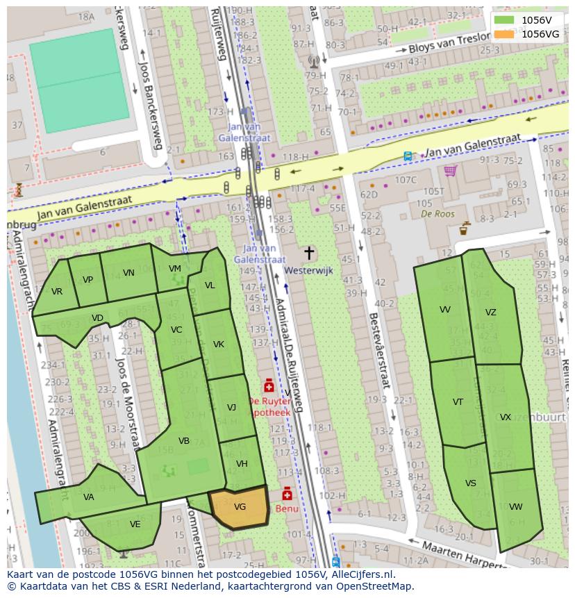 Afbeelding van het postcodegebied 1056 VG op de kaart.