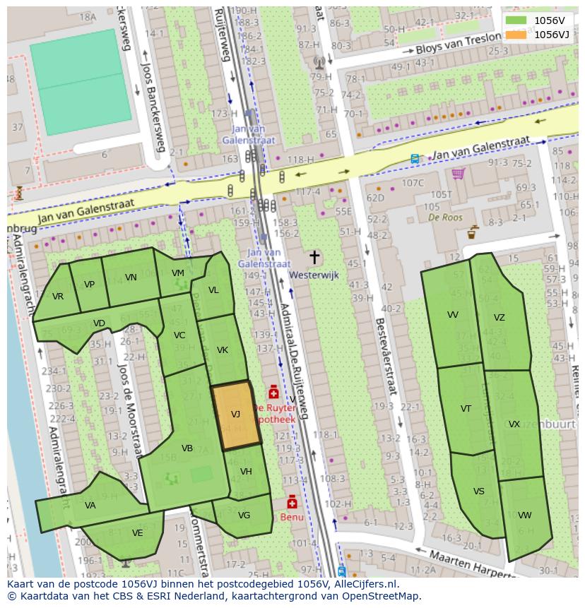Afbeelding van het postcodegebied 1056 VJ op de kaart.