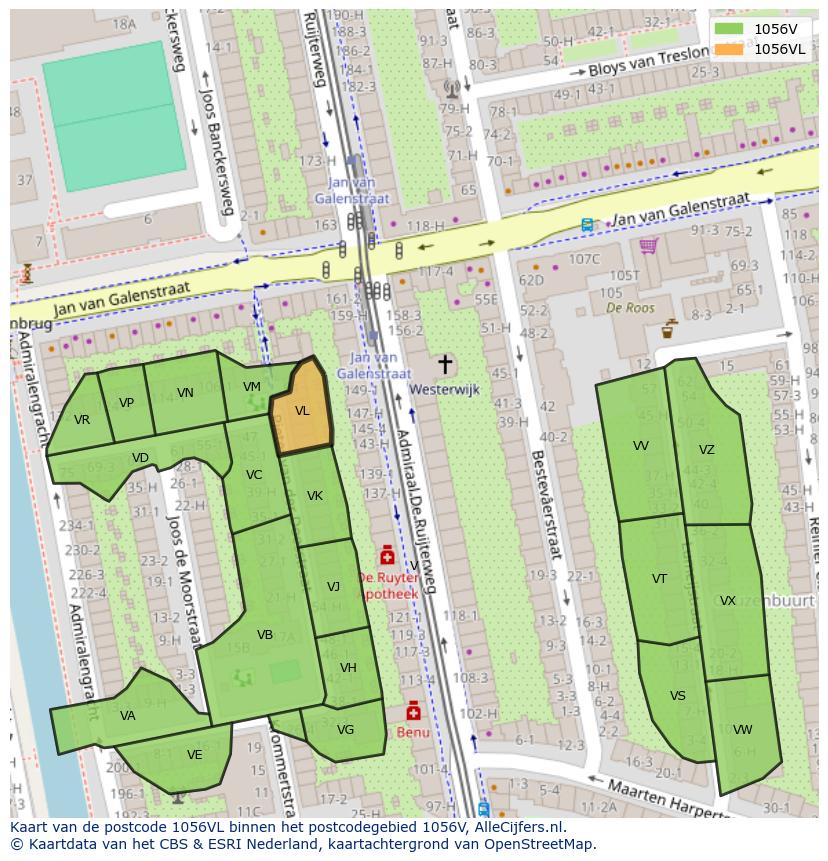 Afbeelding van het postcodegebied 1056 VL op de kaart.