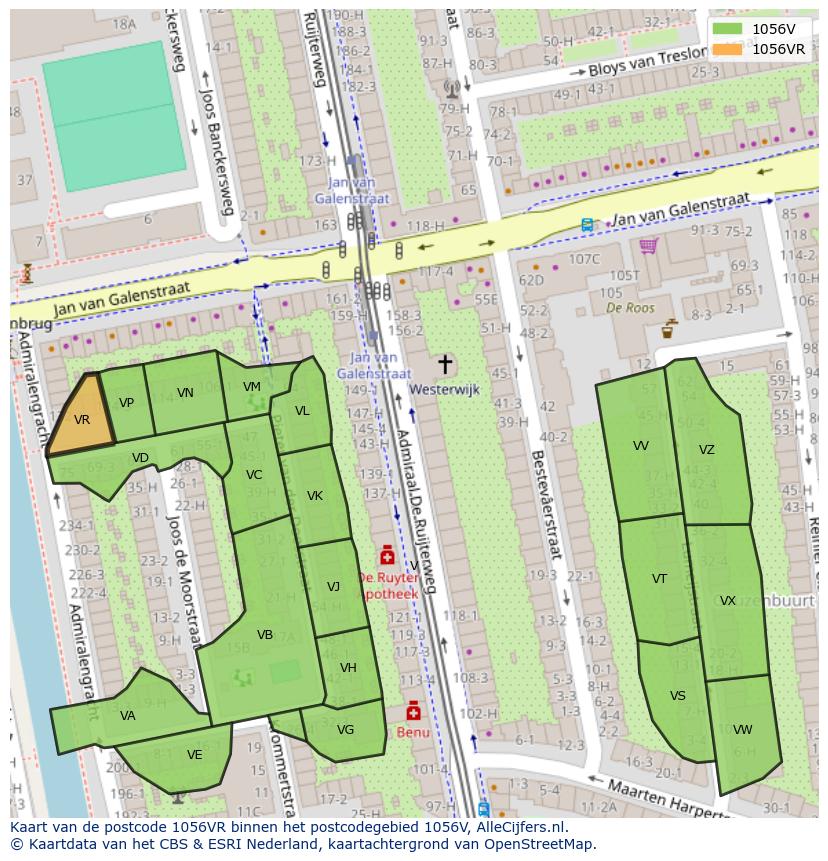 Afbeelding van het postcodegebied 1056 VR op de kaart.