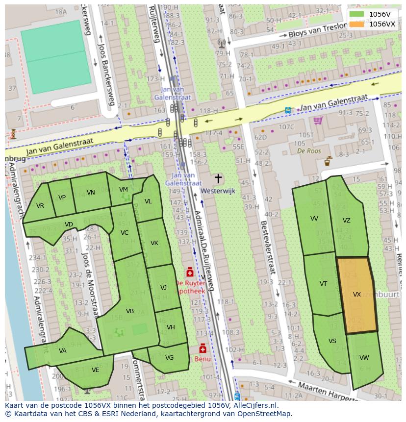 Afbeelding van het postcodegebied 1056 VX op de kaart.