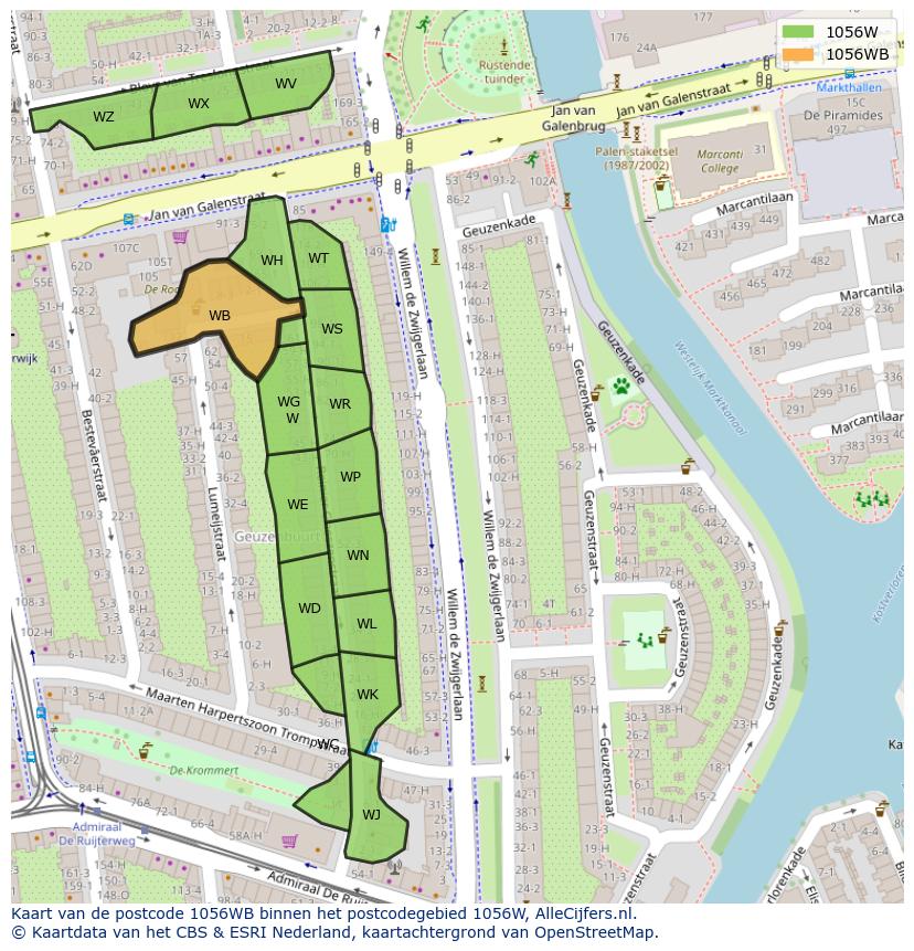 Afbeelding van het postcodegebied 1056 WB op de kaart.
