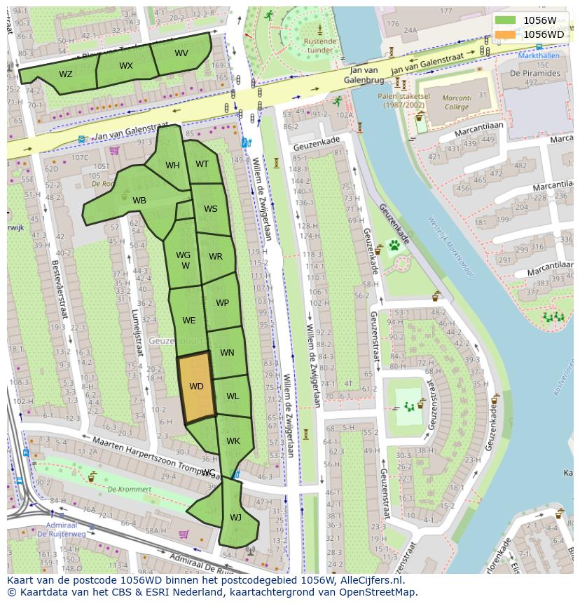 Afbeelding van het postcodegebied 1056 WD op de kaart.