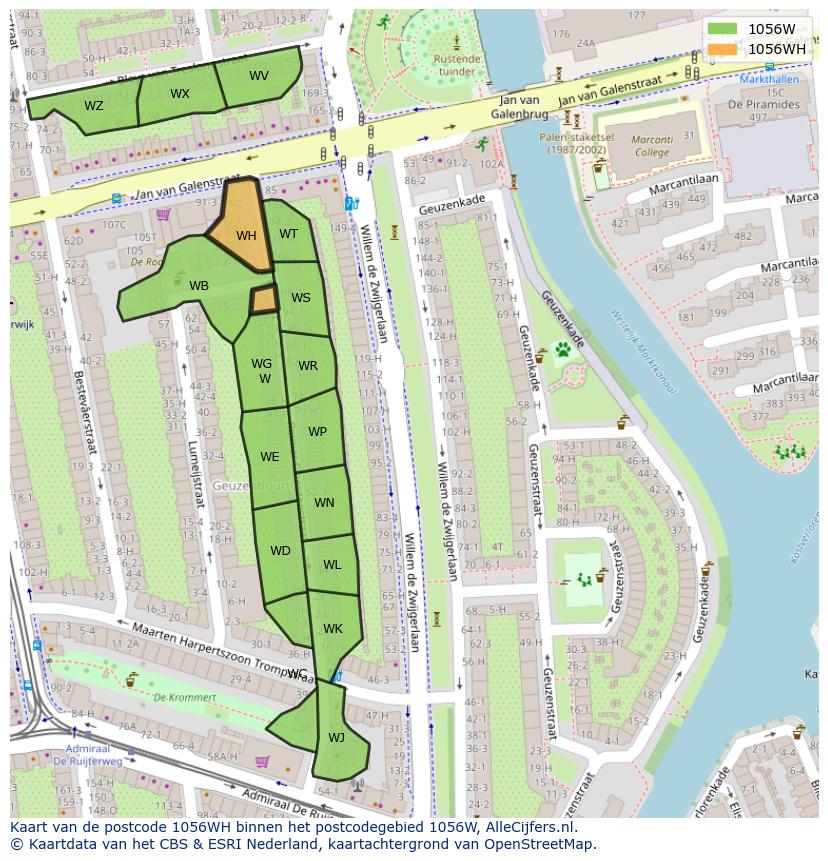 Afbeelding van het postcodegebied 1056 WH op de kaart.
