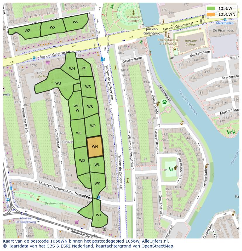 Afbeelding van het postcodegebied 1056 WN op de kaart.