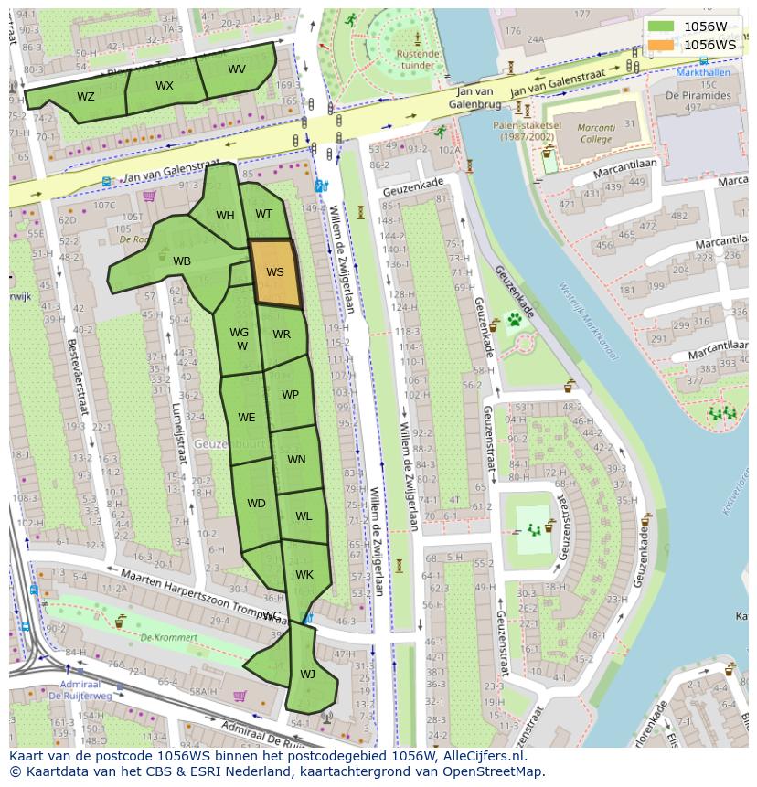 Afbeelding van het postcodegebied 1056 WS op de kaart.