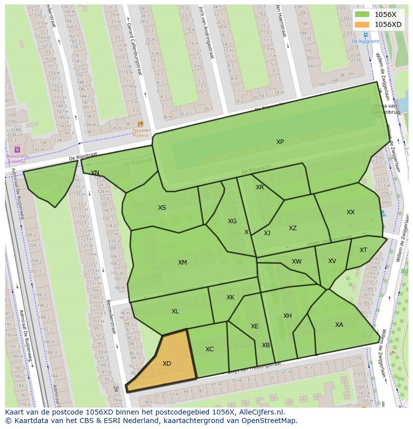 Afbeelding van het postcodegebied 1056 XD op de kaart.