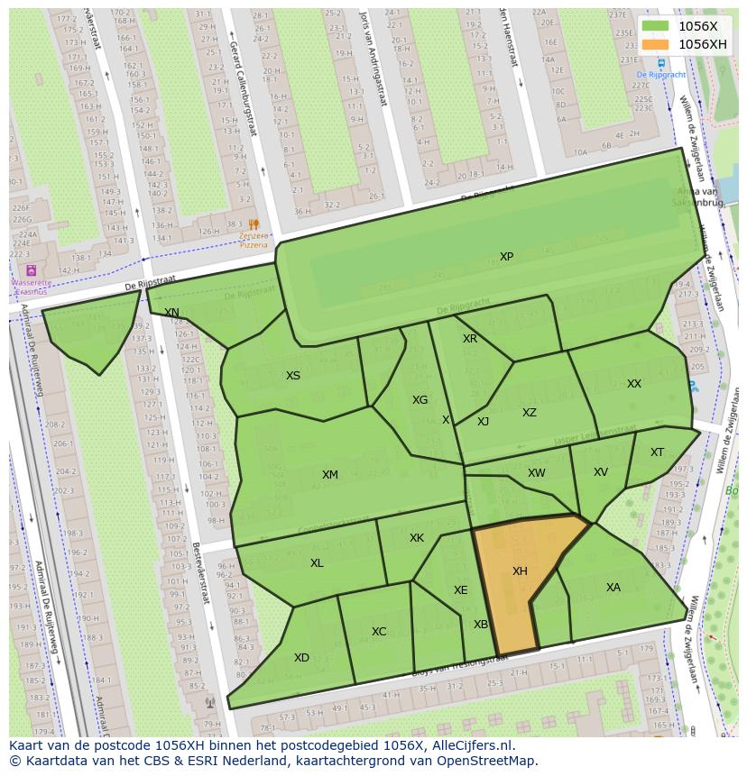 Afbeelding van het postcodegebied 1056 XH op de kaart.