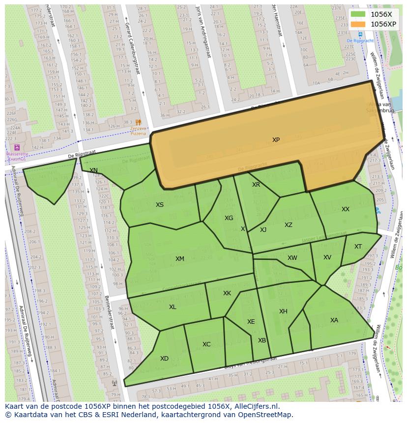 Afbeelding van het postcodegebied 1056 XP op de kaart.