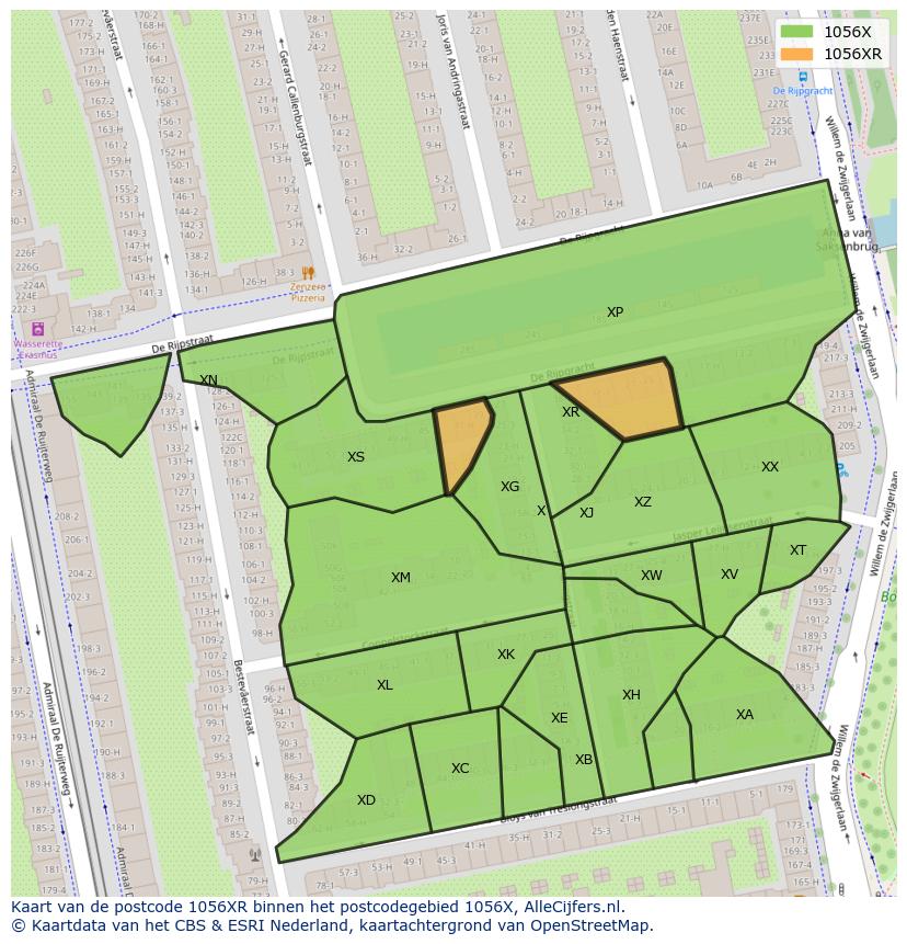 Afbeelding van het postcodegebied 1056 XR op de kaart.