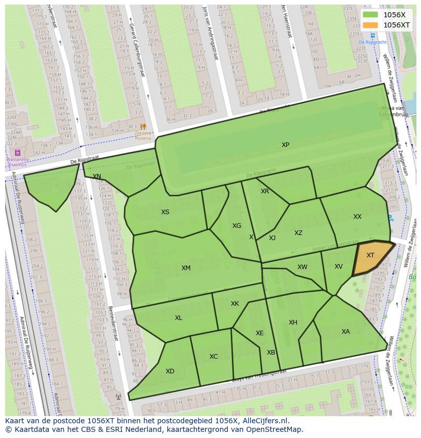 Afbeelding van het postcodegebied 1056 XT op de kaart.