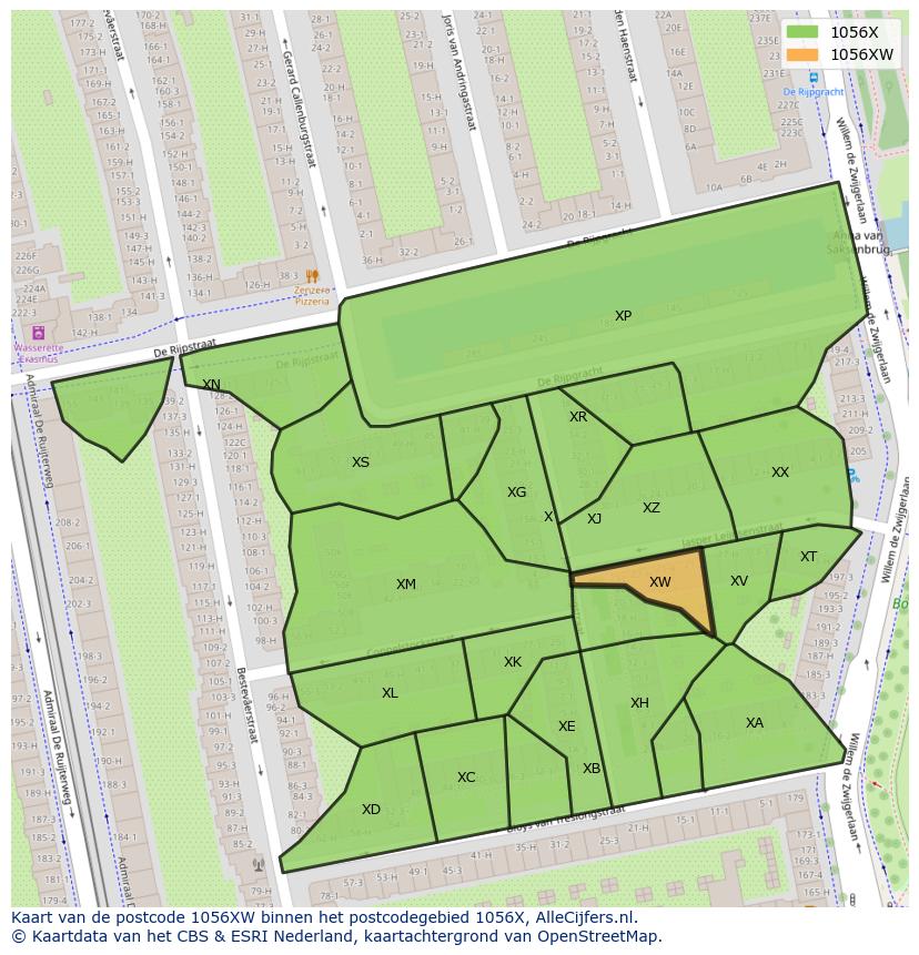 Afbeelding van het postcodegebied 1056 XW op de kaart.