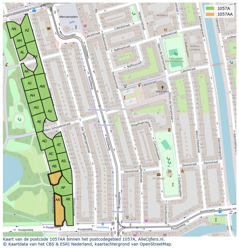 Afbeelding van het postcodegebied 1057 AA op de kaart.