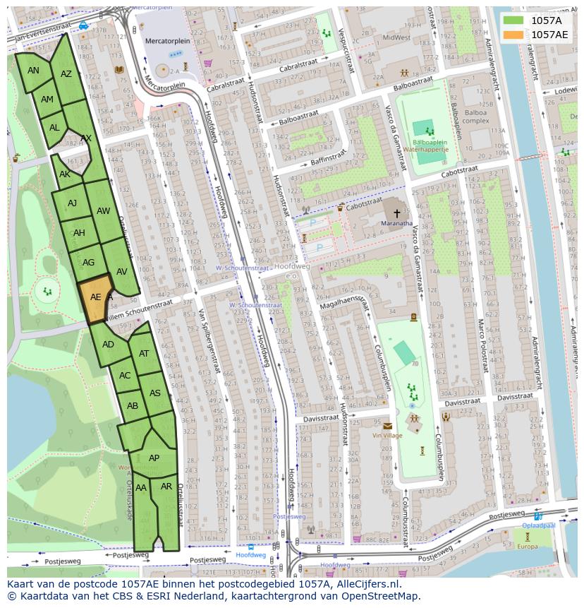 Afbeelding van het postcodegebied 1057 AE op de kaart.