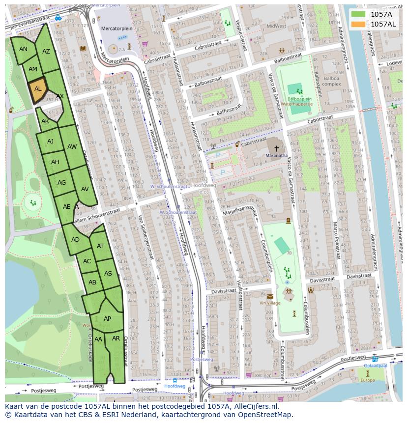 Afbeelding van het postcodegebied 1057 AL op de kaart.