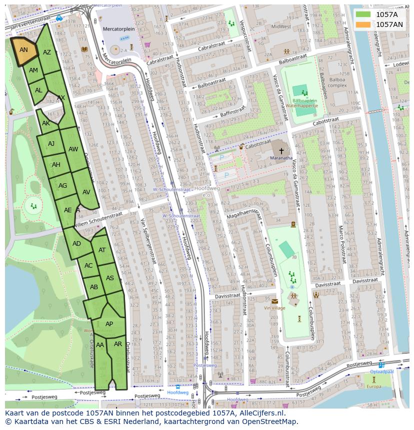 Afbeelding van het postcodegebied 1057 AN op de kaart.