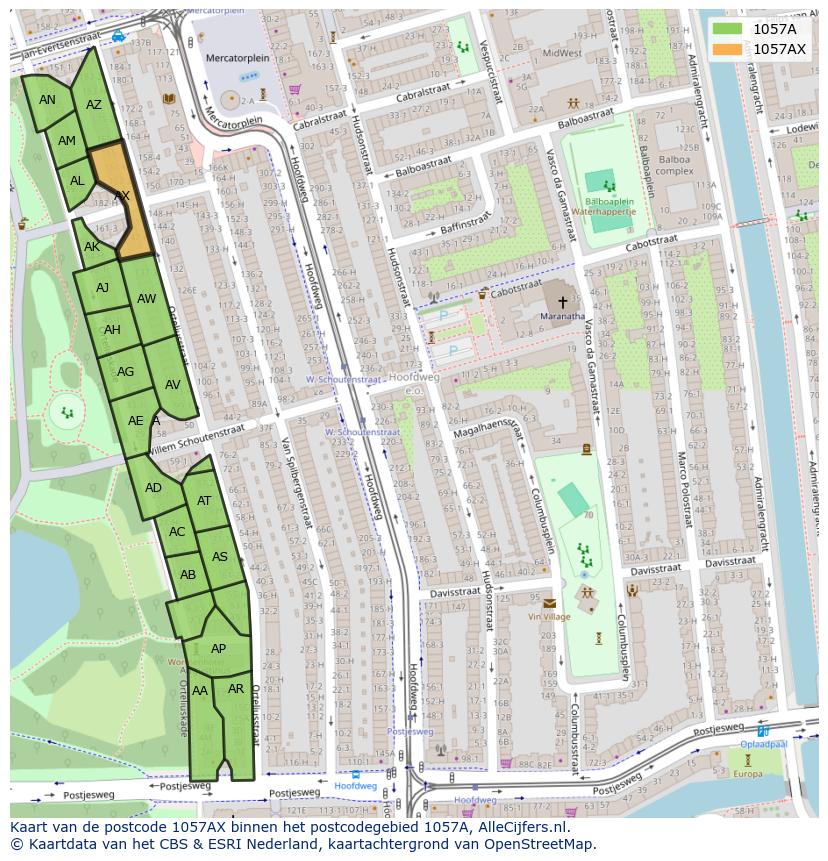 Afbeelding van het postcodegebied 1057 AX op de kaart.