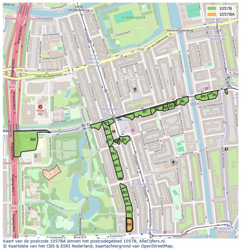 Afbeelding van het postcodegebied 1057 BA op de kaart.