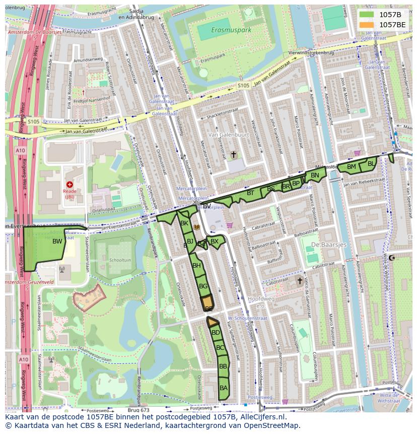 Afbeelding van het postcodegebied 1057 BE op de kaart.