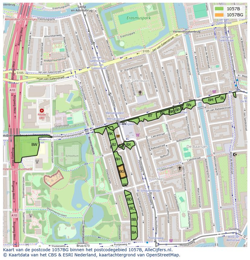 Afbeelding van het postcodegebied 1057 BG op de kaart.