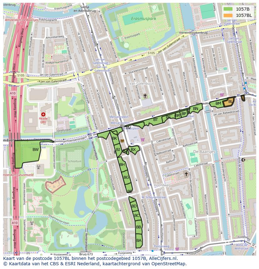 Afbeelding van het postcodegebied 1057 BL op de kaart.