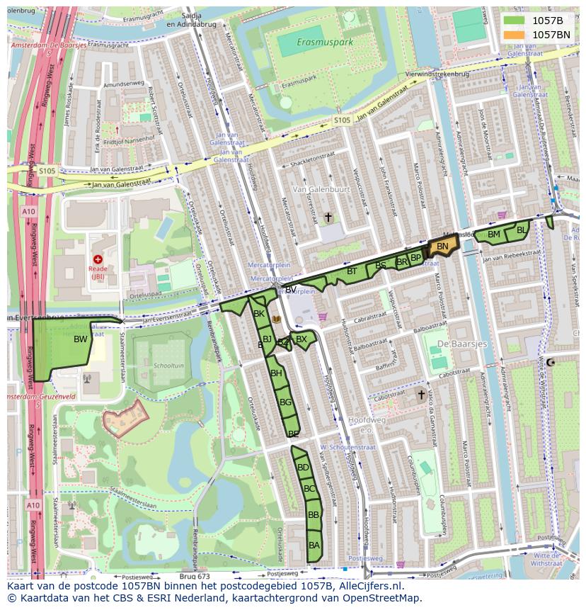 Afbeelding van het postcodegebied 1057 BN op de kaart.