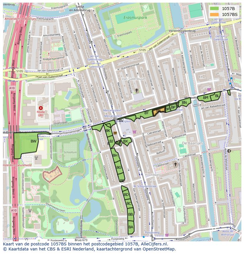 Afbeelding van het postcodegebied 1057 BS op de kaart.