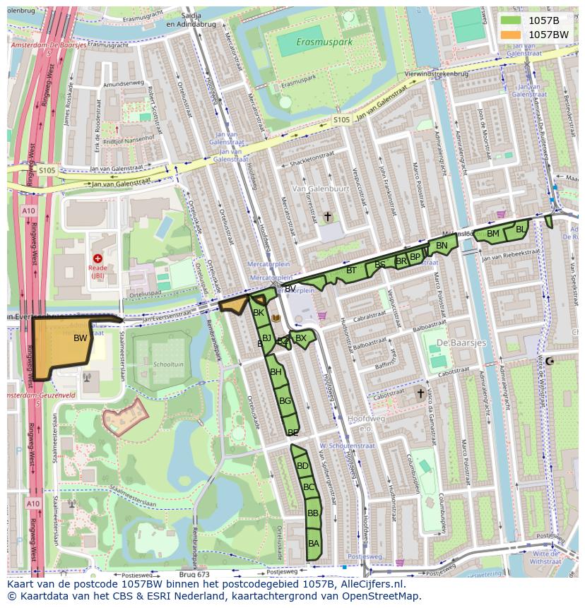 Afbeelding van het postcodegebied 1057 BW op de kaart.