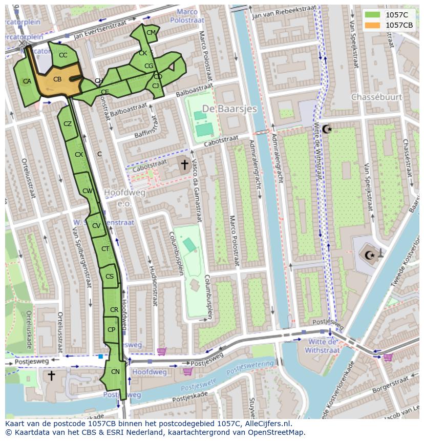 Afbeelding van het postcodegebied 1057 CB op de kaart.