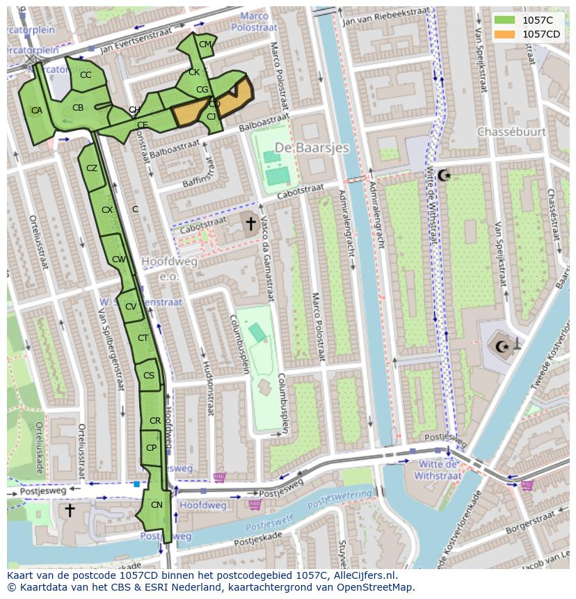 Afbeelding van het postcodegebied 1057 CD op de kaart.