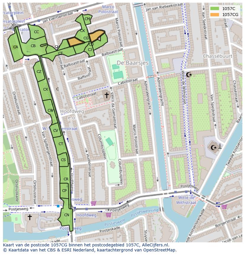 Afbeelding van het postcodegebied 1057 CG op de kaart.