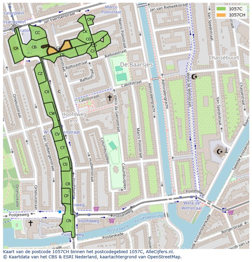 Afbeelding van het postcodegebied 1057 CH op de kaart.