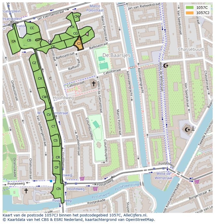 Afbeelding van het postcodegebied 1057 CJ op de kaart.