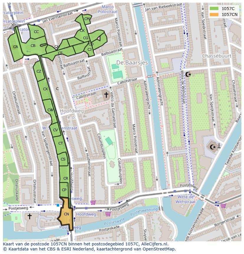 Afbeelding van het postcodegebied 1057 CN op de kaart.