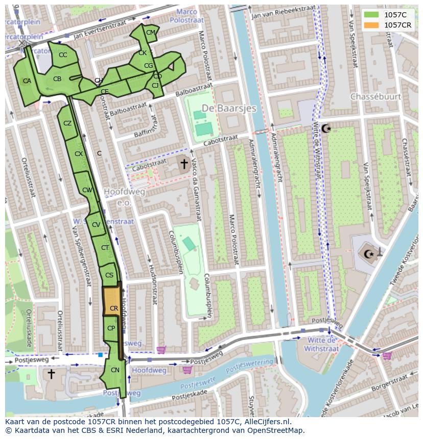 Afbeelding van het postcodegebied 1057 CR op de kaart.