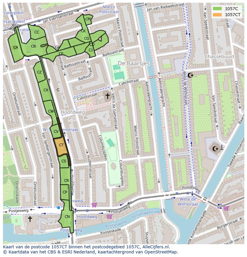 Afbeelding van het postcodegebied 1057 CT op de kaart.