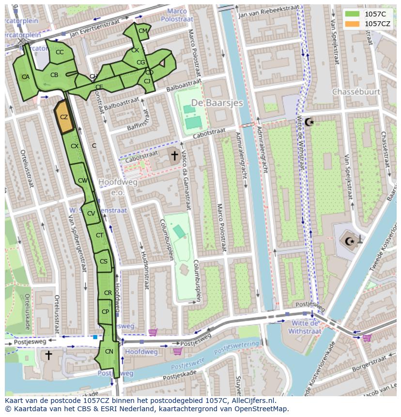 Afbeelding van het postcodegebied 1057 CZ op de kaart.