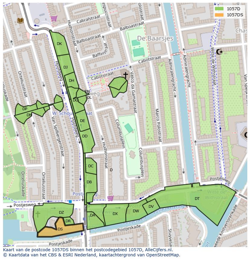 Afbeelding van het postcodegebied 1057 DS op de kaart.
