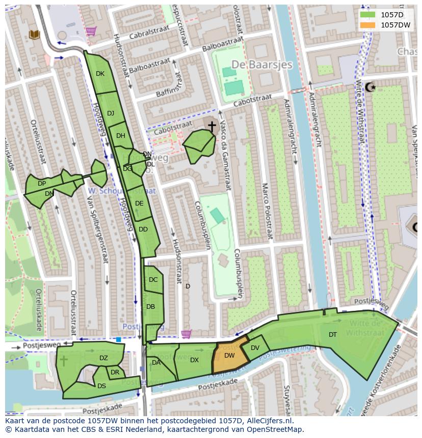 Afbeelding van het postcodegebied 1057 DW op de kaart.