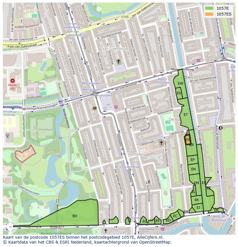 Afbeelding van het postcodegebied 1057 ES op de kaart.