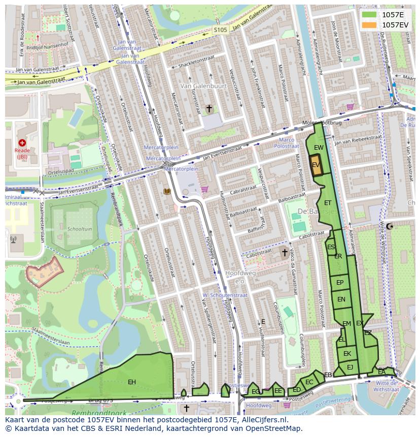 Afbeelding van het postcodegebied 1057 EV op de kaart.