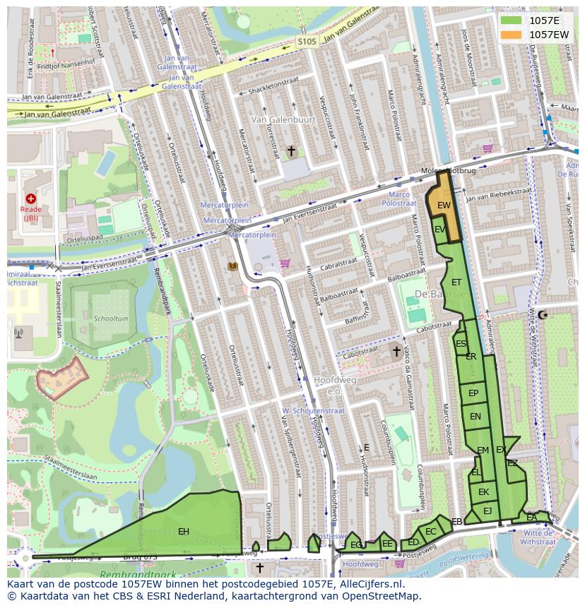 Afbeelding van het postcodegebied 1057 EW op de kaart.