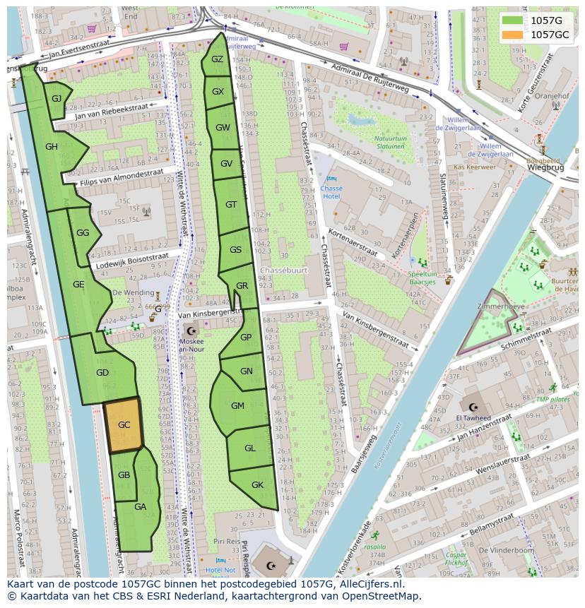 Afbeelding van het postcodegebied 1057 GC op de kaart.