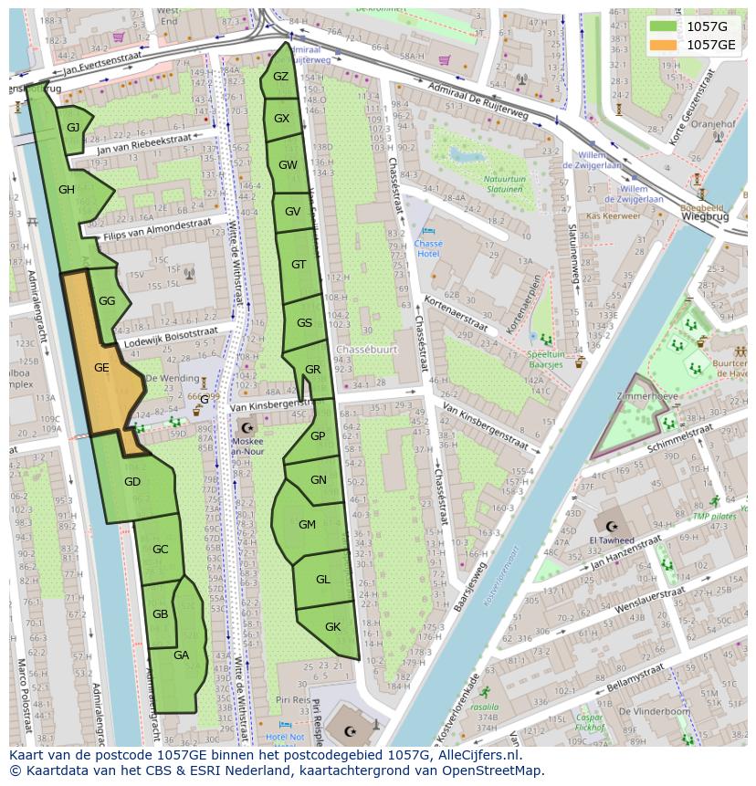 Afbeelding van het postcodegebied 1057 GE op de kaart.