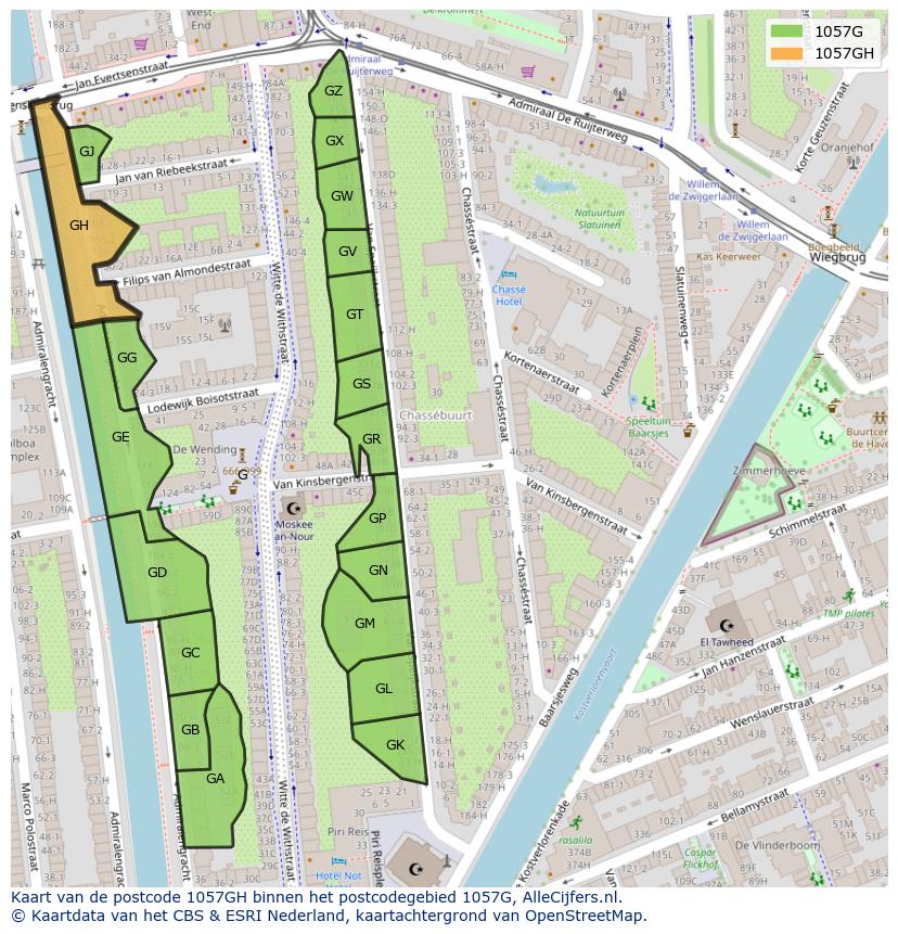 Afbeelding van het postcodegebied 1057 GH op de kaart.