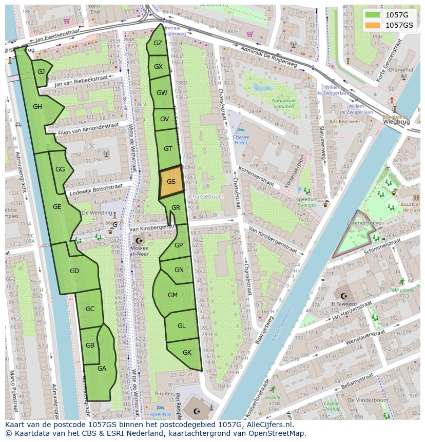 Afbeelding van het postcodegebied 1057 GS op de kaart.